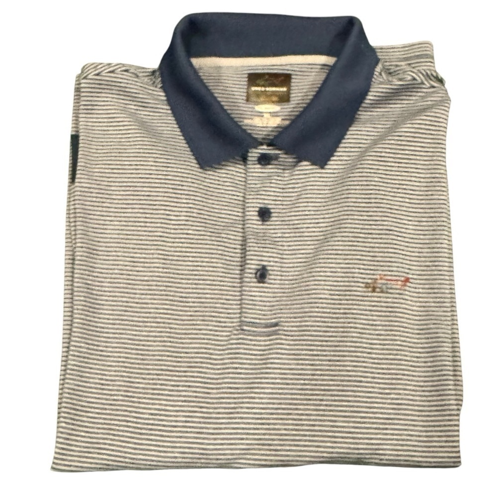 Greg Norman Collection Blue and Gray Polo Shirt with Subtle Stripes